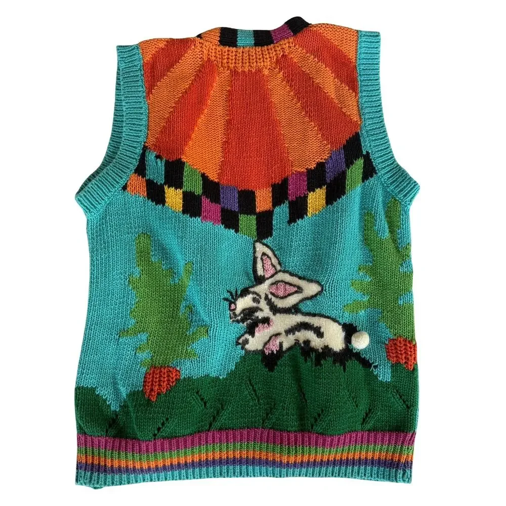 Vintage IsKnitCute! Spring Garden Rabbit Multicolor Knit Vest Womens Plus Size 2